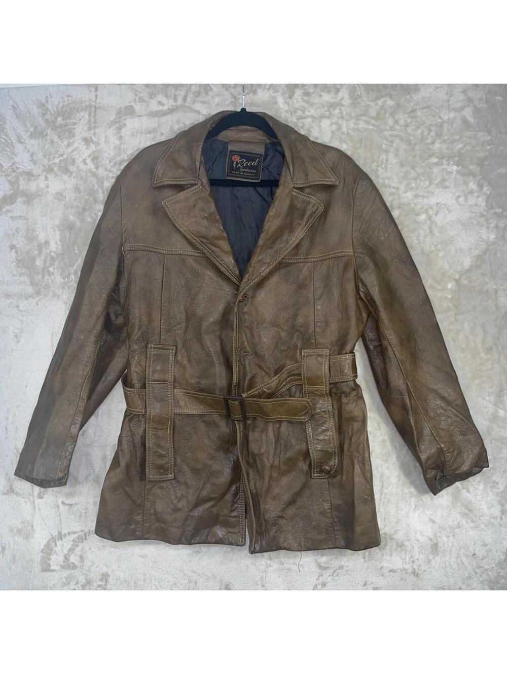 REED Sportswear Vtg Brown Leather Jacket Sport Coat Button Belt Trench Men’s 42